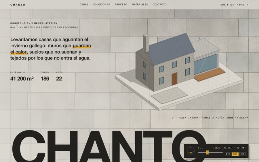 Portada de CHANTO: una casa de piedra con tejado de pizarra en 3D sobre su parcela, con el nombre en grande y un control para mover el sol