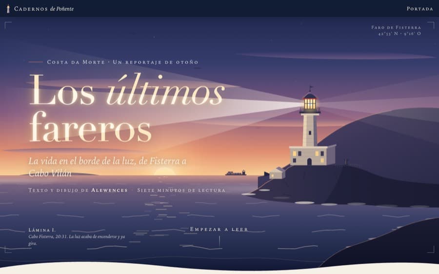Portada de «Los últimos fareros»: el faro de Fisterra ilustrado al atardecer, con el haz de luz sobre el mar y el título en grande