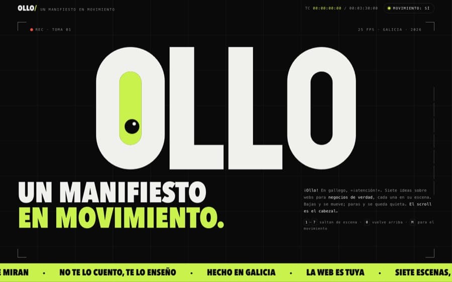 Portada de OLLO: la palabra OLLO en letras enormes sobre fondo negro, con un ojo verde lima dentro de la primera O y el lema «Un manifiesto en movimiento»