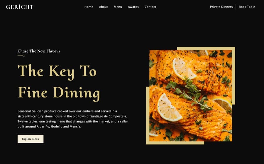 Portada de Gericht: fondo negro, el titular dorado «The Key To Fine Dining» y una foto de salmón con limón enmarcada en dorado