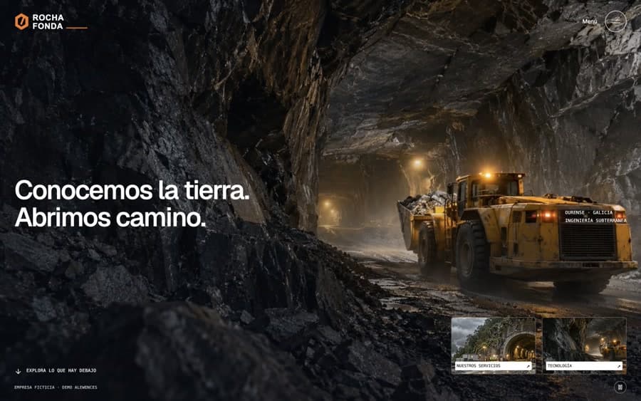 Portada de Rocha Fonda: un túnel de granito con maquinaria y el titular «Conocemos la tierra. Abrimos camino»